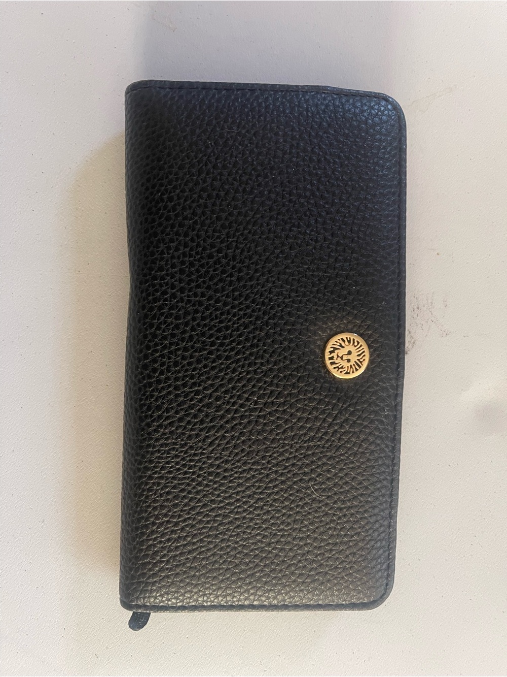Anne Klein Black Pebbled Zip-Around Wallet with Gold Emblem